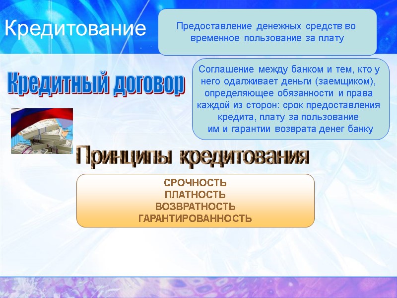 Кредитование Предоставление денежных средств во  временное пользование за плату Кредитный договор Соглашение между